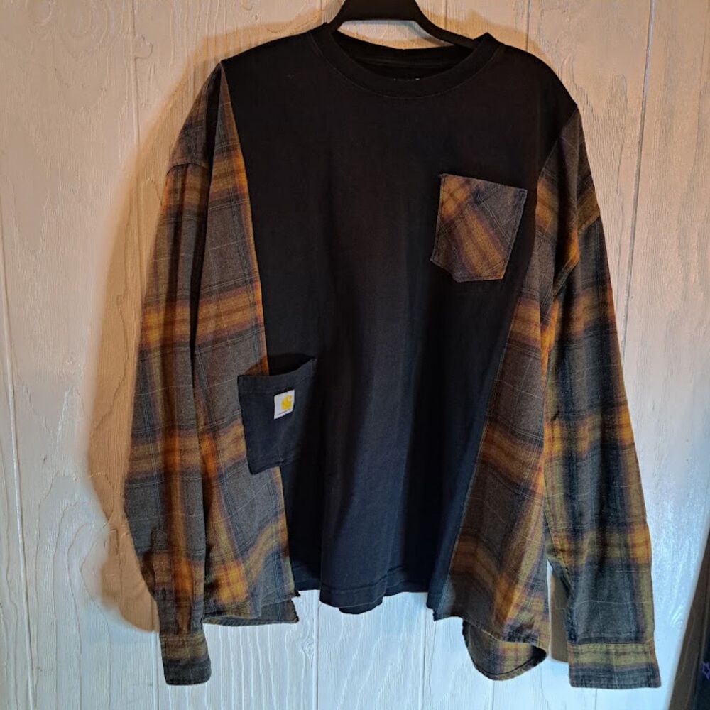 Reworked Carhartt Flannel Shirt Patchwork Spliced Long Sleeve Top 1of1 Upcycled